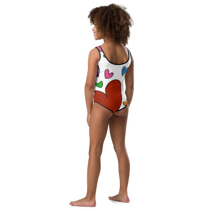 Large Sketched Hearts All-Over Print Kids Swimsuit